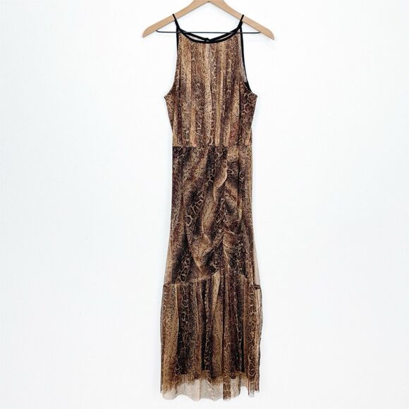 Vtg Candalite Dress Womens Medium Brown Sparkle Maxi Cocktail Event Tulle Ruched - Picture 1 of 16
